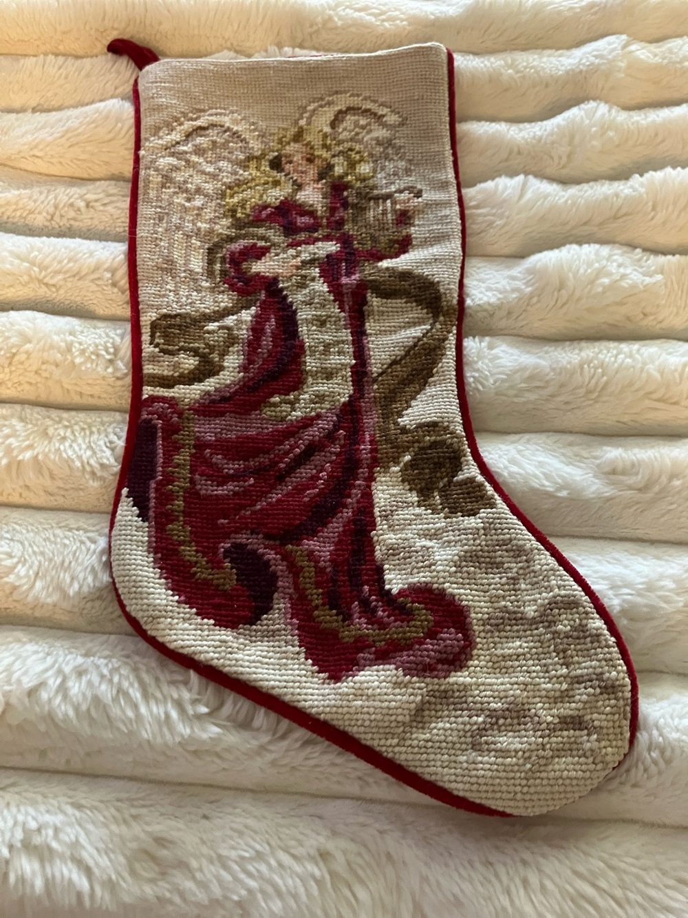 Handcrafted Red Angel Needlepoint Christmas Stocking